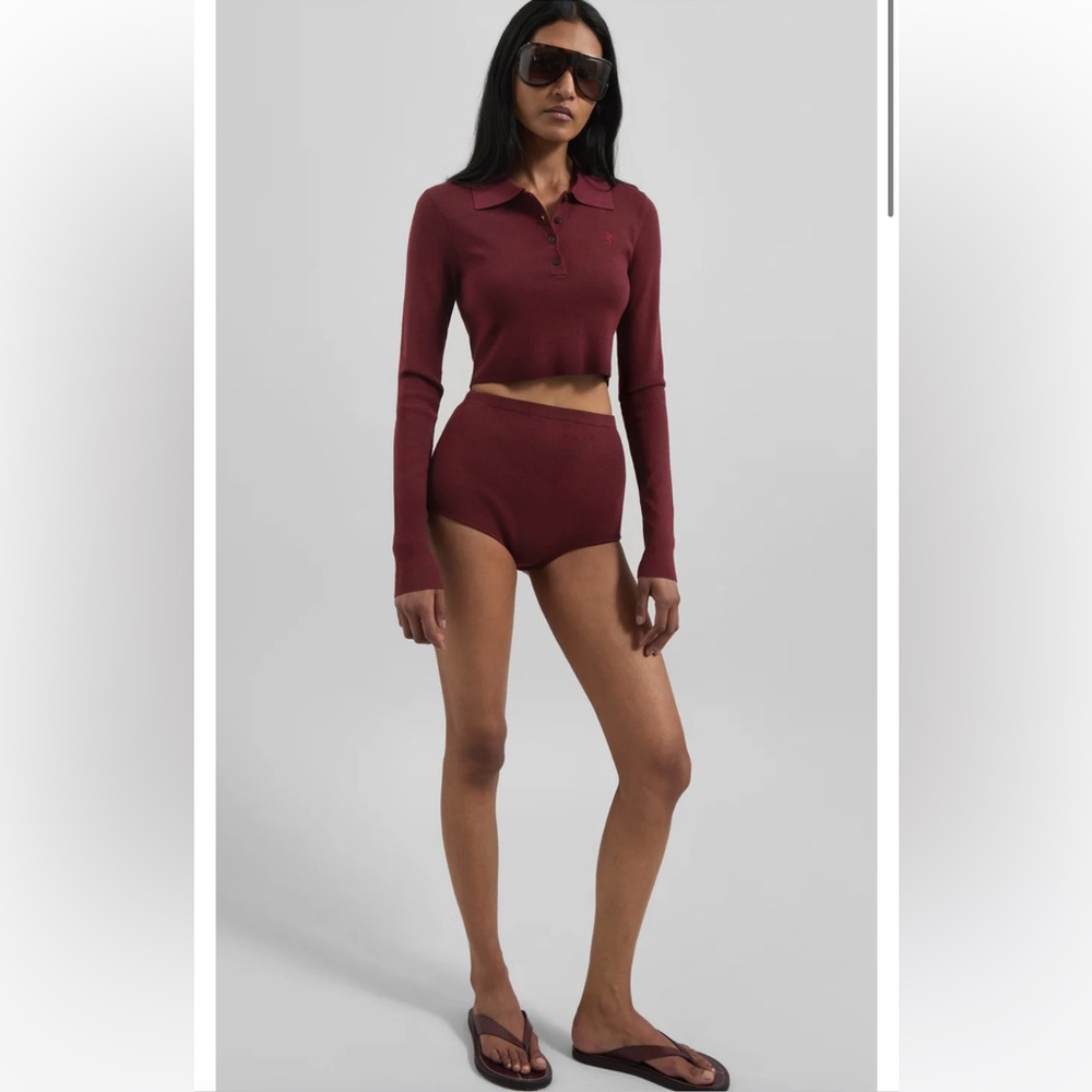 BNWT The Frankie Shop Burgundy Giselle Knit Polo + Alissa Knit Brief Shorts XS